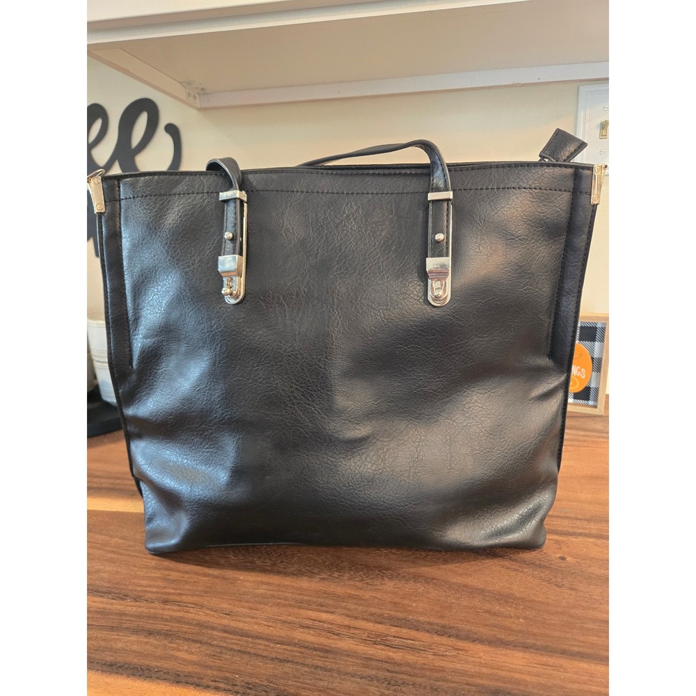 Calin Collection Black Faux Leather Tote Bag Silver Hardware Large Shoulder Bag